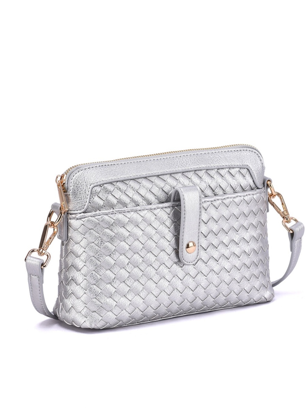 Mellow World Woven Metallic Silver Women's Crossbody Bag with Detachable Strap